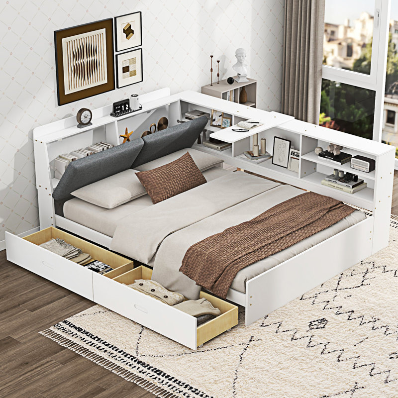 Lit plateforme en bois avec tête de lit, tablettes et 2 tiroirs, Blanc