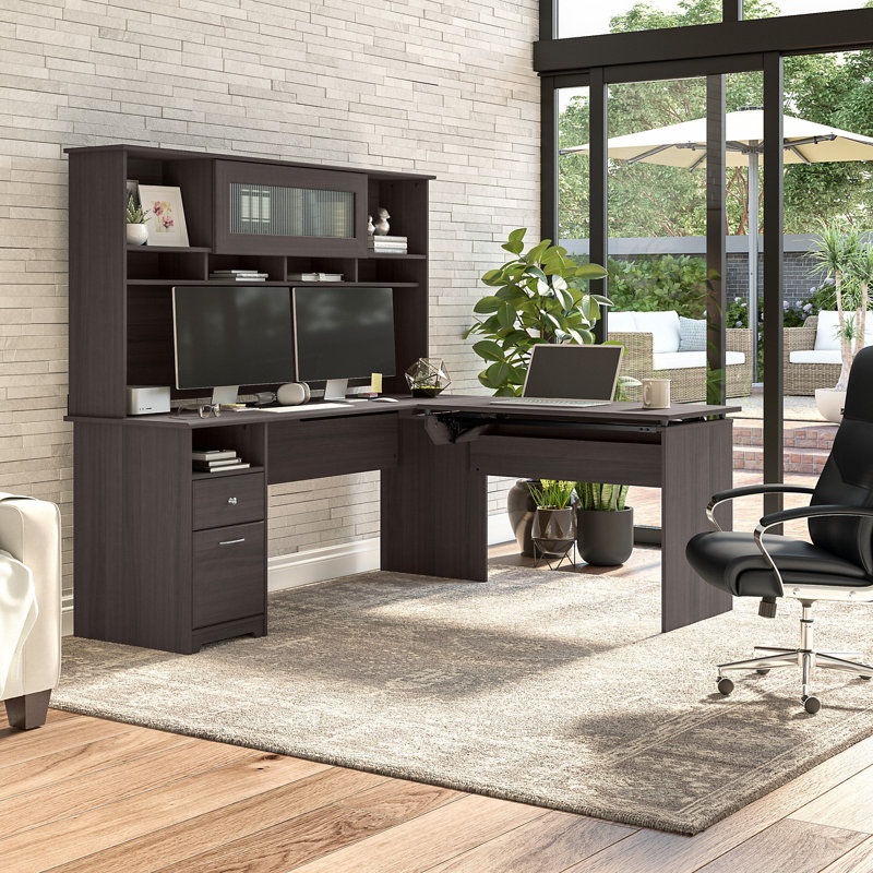 Bureau d'ordinateur en L avec rehausse Huckins, Gris chiné