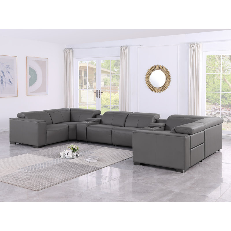 Hawthorne Luxurious 8-Piece 4-Power Reclining Genuine Leather U-Sectional With Power Headrests, Gray