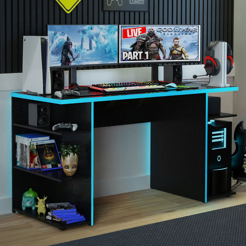 Bureau d'ordinateur l 53,54 po Jeronda, Noir / Bleu