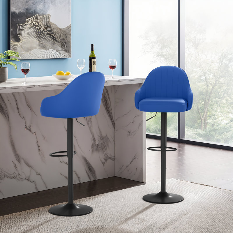 Adjustable Height Bar Stools, Modern Faux Leather 360° Swivel Chairs With Backrest For Kitchen Or Dining, Blue