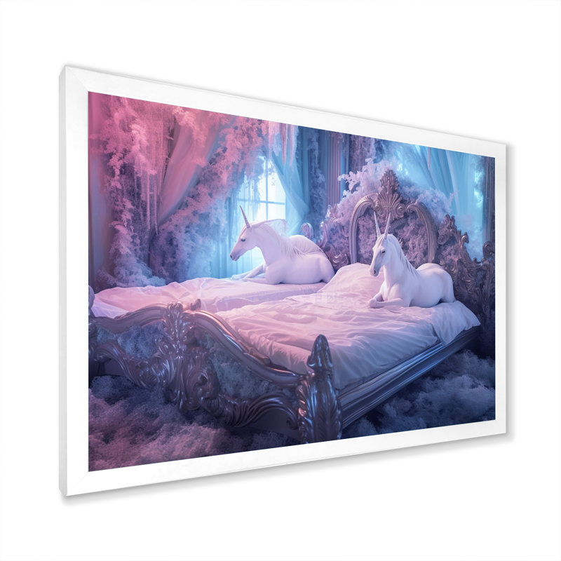 Lit de licorne gracieuse I sur toile, H 24 po x l 32 po x P 1 po, Cadre simple blanc