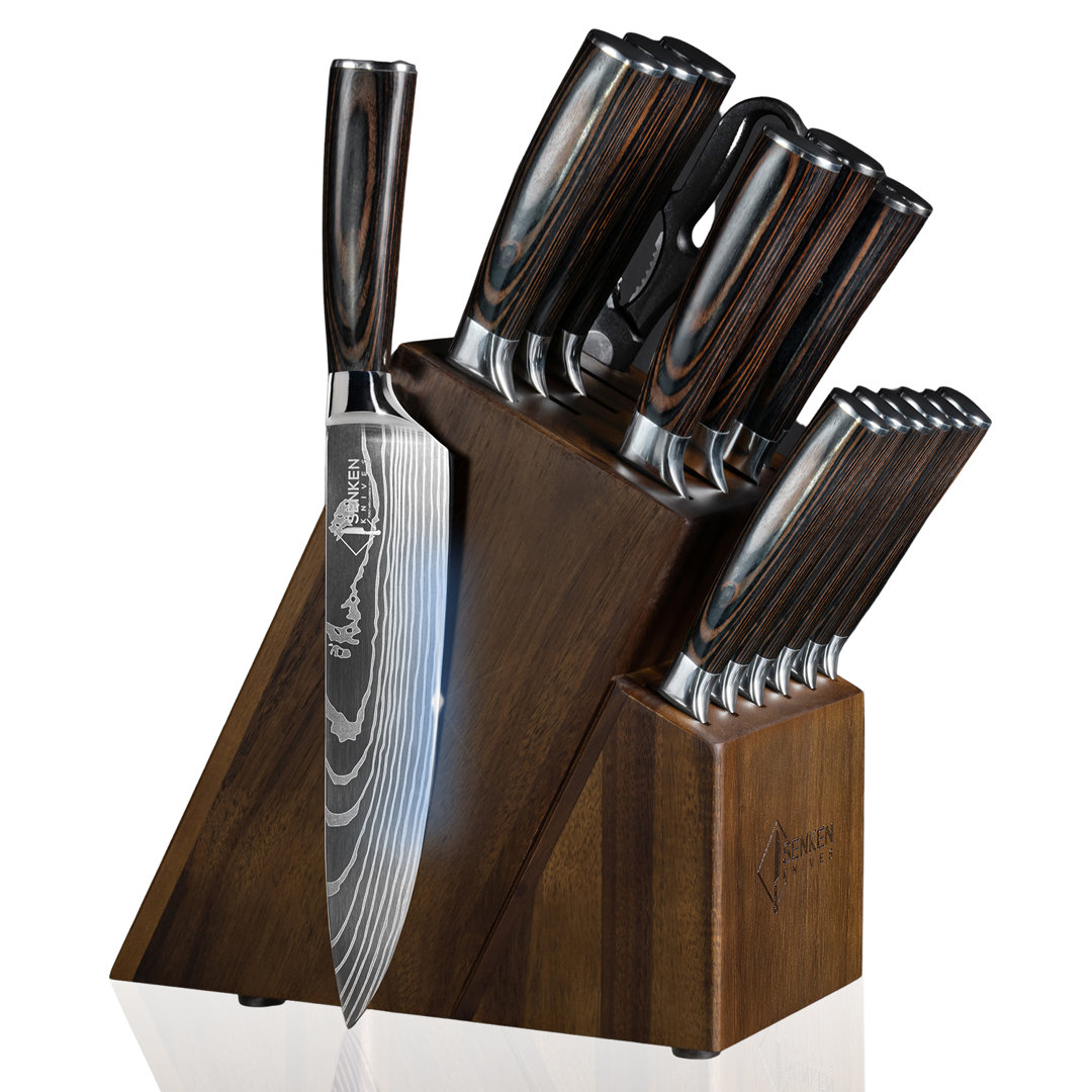 Senken Knives 16-Piece Imperial Collection Natural Acacia Wood Knife Block Set - Damascus Pattern Chef Knife Set, Steak Knives, Kitchen Shears - Pakka Wood Handles Senken Knives