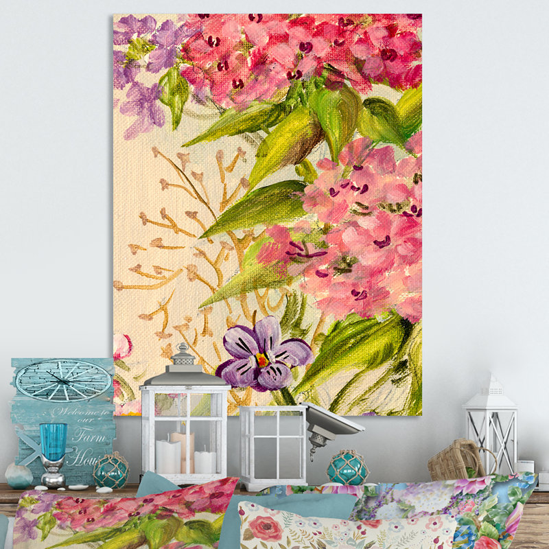 Nature morte de fleurs roses et mauves II - Peinture sur toile encadrée, H 20 po x l 12 po x P 1 po, Toile tendue