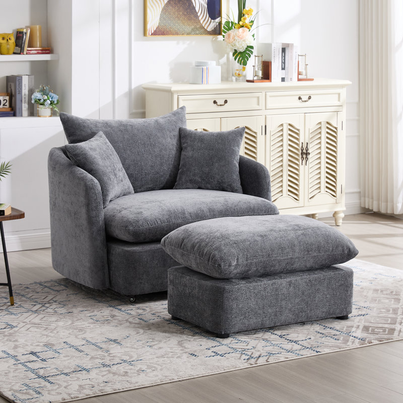 46" Oversized Swivel Chair With Ottoman Upholstered Deep Seat Accent Chair With 2 Pillows Suitable For Living Room, Bedroom, Lounge, Office
