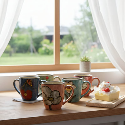 12-Ounce Cappuccino Mug In Four Colors: Red, Pink, Blue, And Green. Kiln-Fired Glaze Finish. Ceramic Mug For Kitchens And Cafes.