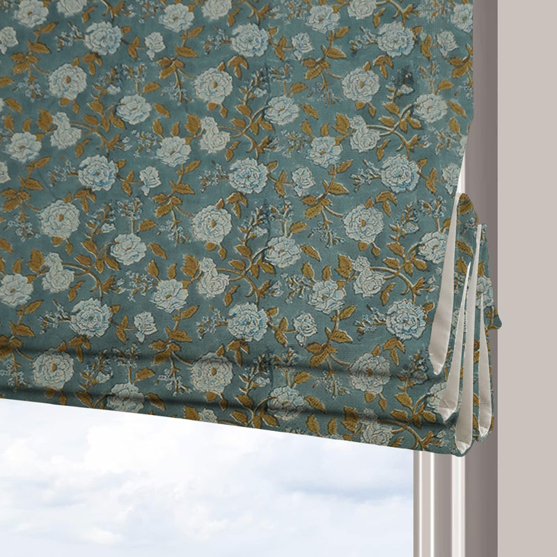 Fabdivine Blue, Handmade 100% Blackout Soft and Cozy Pure Linen Roman Shade with Floral Block Print for Window Corded Blinds, Home Décor French Doors, Window Treatment, Rameshwaram