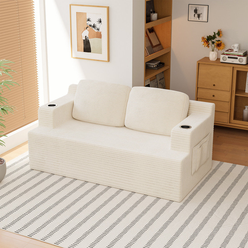 Canapé en mousse Boneless avec porte-gobelets et coussins décoratifs, H 28,35 po x l 66,93 po x P 35,43 po, Beige