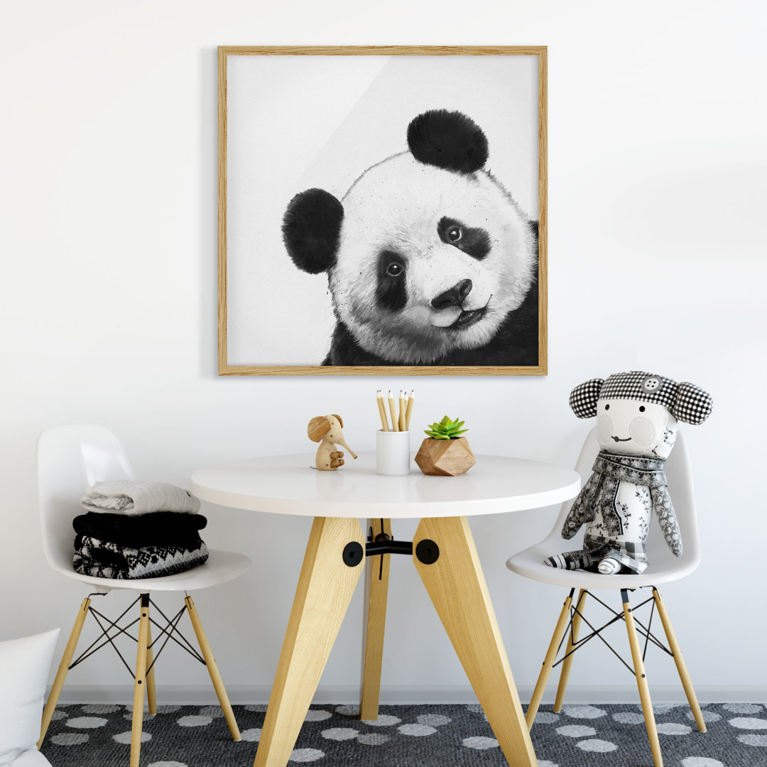 Gerahmter Grafikdruck Illustration Panda in Schwarz/Weiß