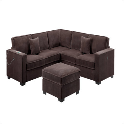 Modern Style 4Pc Sectional Set Right Arm And Left Arm Loveseat USB Port Plastic Legs Cocktail Ottoman Matching Two Pillows Chocolate Finish Primary Living Room