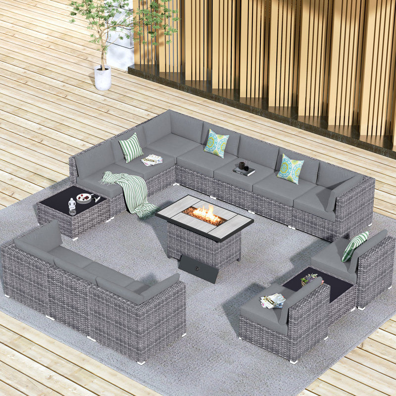 12-Person Outdoor Sectional With Cushions And Fire Pit,All-Weather Wicker Patio Set, Dark Gray