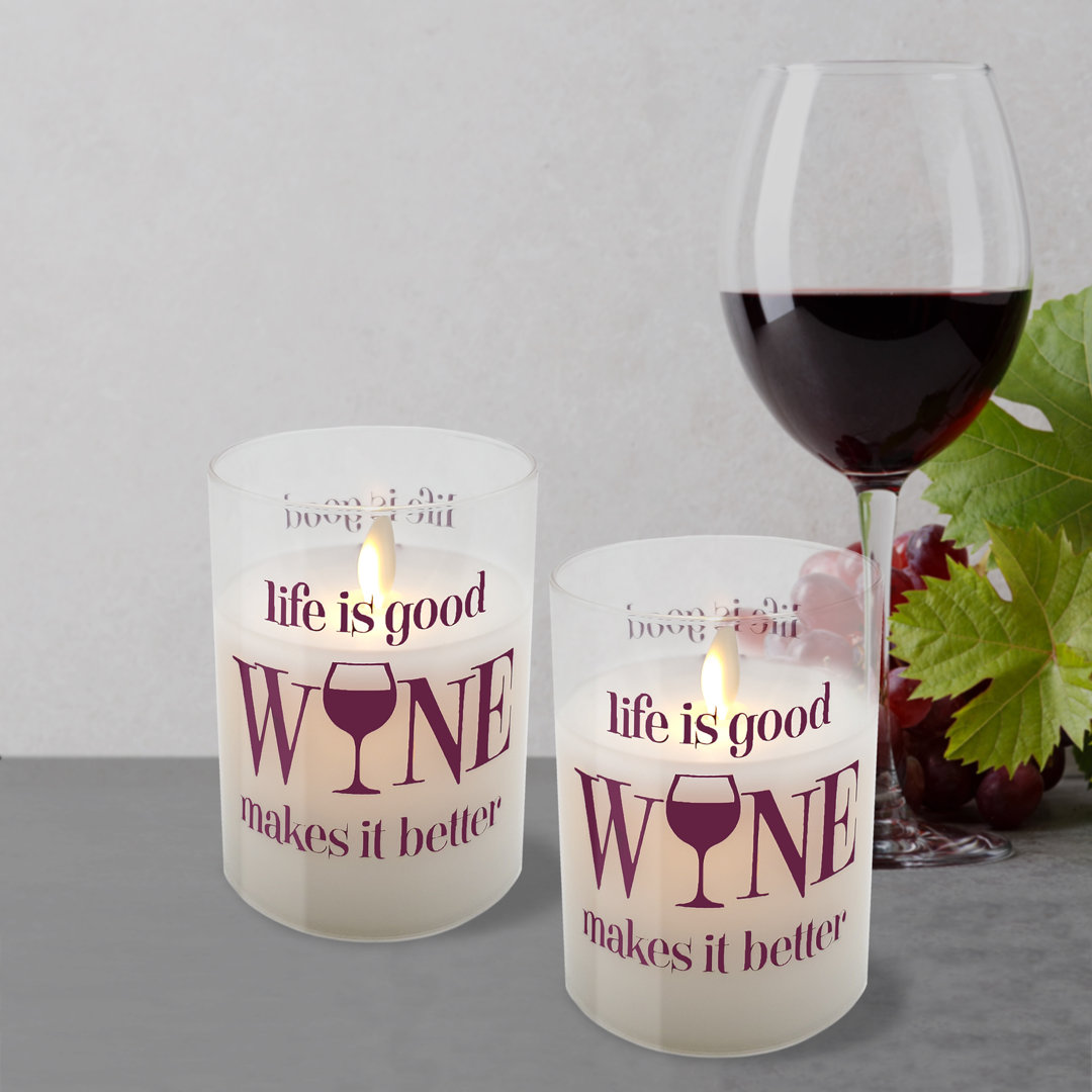 Battery Operated LED Glass Candles with Flickering Flame, Life is Good, Wine Makes it Better - 2 Piece (Set of 2) Ebern Designs