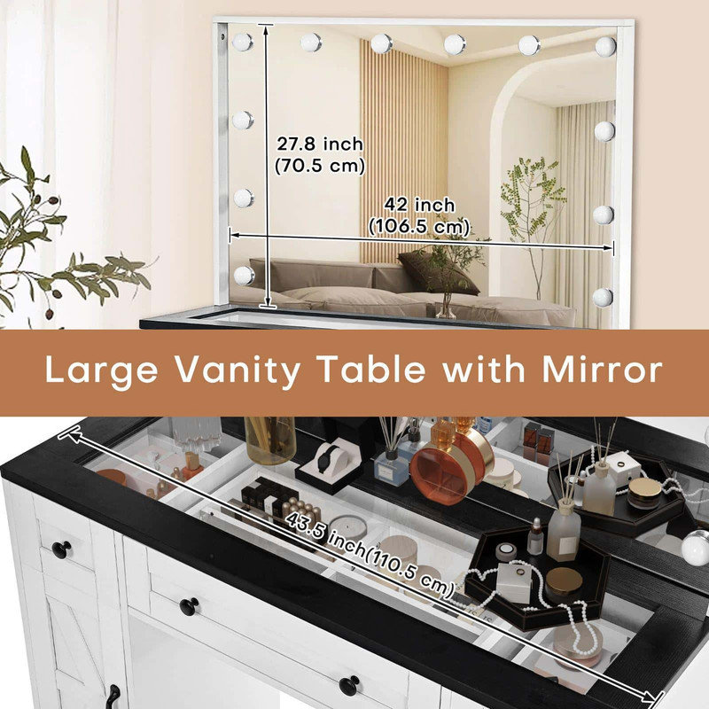 Tempered table top vanity, dimmable Led light mirror with hairdryer holder and built-in charging station, oversized mirror, including stool