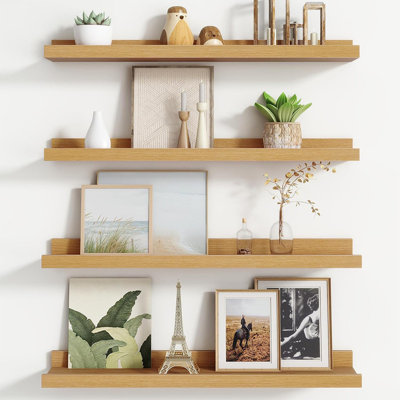 24 tablettes de chambre de bébé flottantes 24 "en chêne (ensemble de 4) - longues tablettes flottantes en bois pour bibliothèque pour enfants - rangement mural à rebords avant pour jouets, livres et décor de chambre de bébé