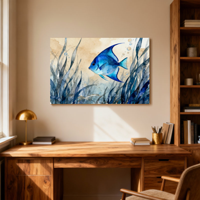 Animals Blue Fish Swimming Among Seaweed Bubbles, 16" H x 24" W