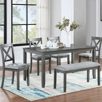 Ensemble de salle à manger de cuisine 6 pièces, table de salle à manger rectangulaire en bois avec 4 chaises rembourrées et un banc, ensemble de table de salle à manger pour 6 personnes