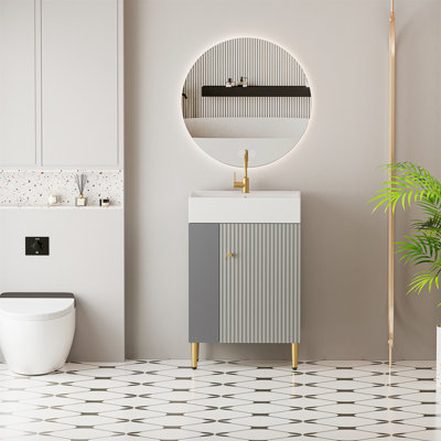 21.6" Open-Shelving Bathroom Vanity With Ceramic Sink Soft-Closing Door