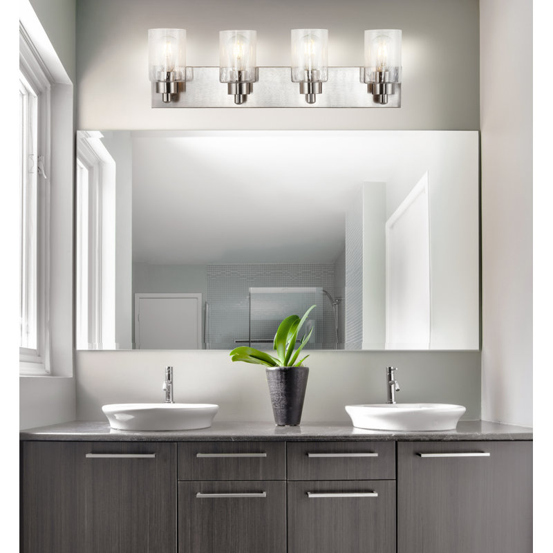 Stover Seeded Glass/Iron Modern Contemporary LED Vanity Light, 4 Lights, Nickel