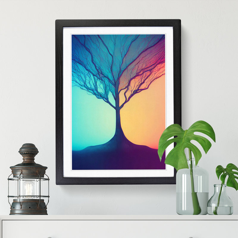 Tree Neon - Single Picture Frame Print, Black, 64cm H x 46cm W x 2cm D