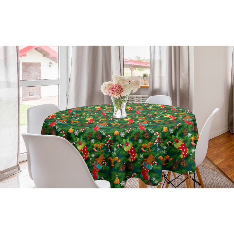 Ambesonne Christmas Round Tablecloth, Xmas Accessories Stockings Candies Horse Teddy Bear Toys On Pine, Circle Table Cloth Cover For Dining Room Kitchen Decoration, 60", Dark Green Brown And Red