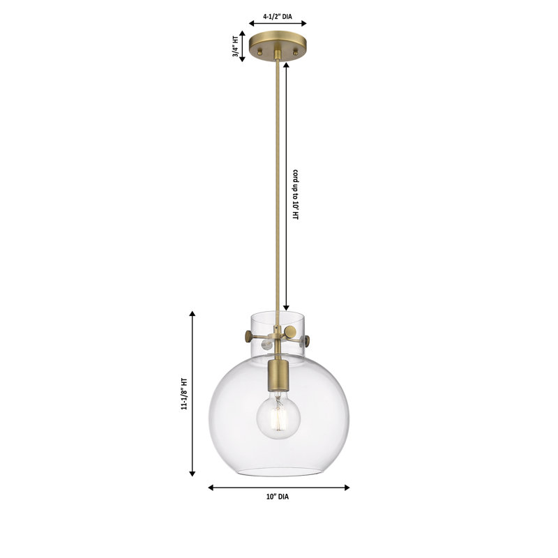 Luminaire suspendu 1 lumière Lantz, Laiton brossé, H 11,75 po x l 10 po x P 10 po