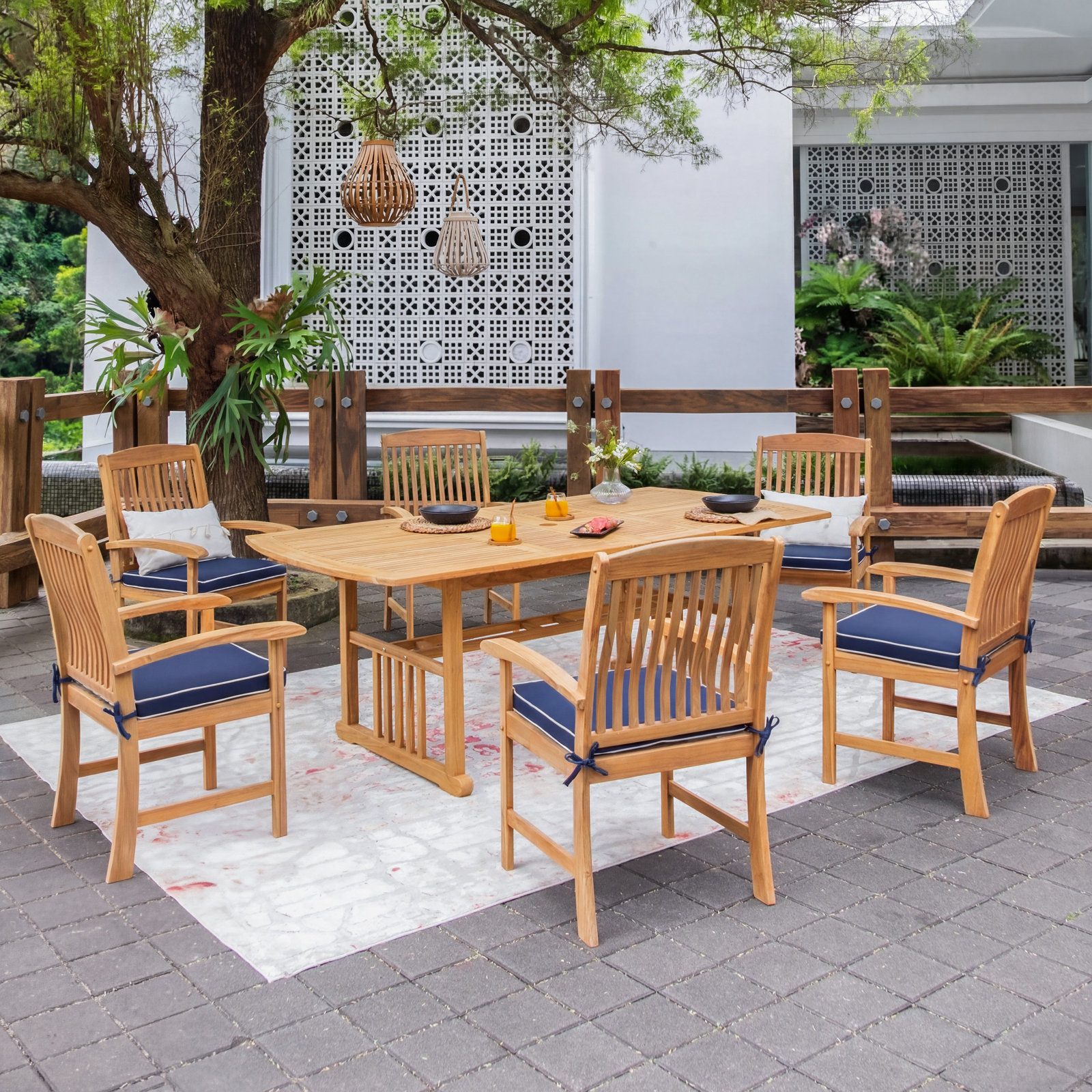 Summerton 85'' Rectangular 6-Person Outdoor Dining Set with Cushions, Navy White Piping