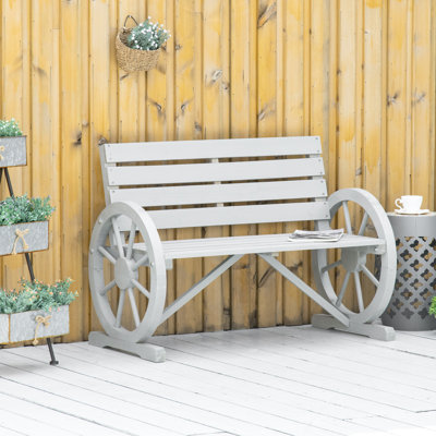 Outdoor 41" Wooden Bench With Rustic Wagon Wheel Design, Gray, , , 2 Seat, Solid Fir Wood Construction For Patio, Weather- And , Gray