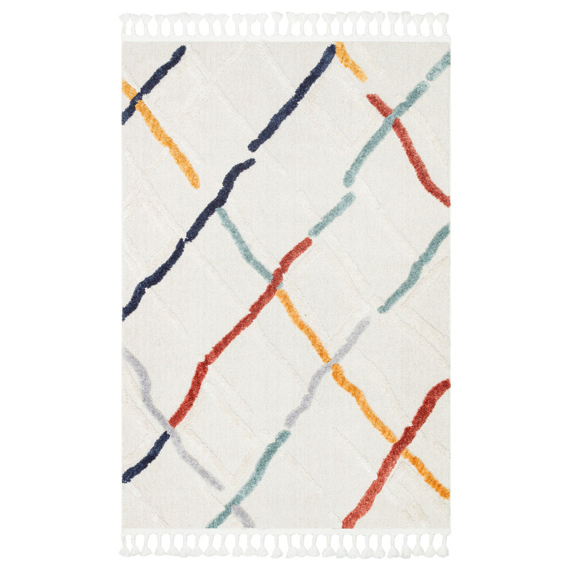 Tapis orange / rouge / blanc en polyester tissé à la machine 5 pi 3 po x 7 pi 7 po Rajashri, Rectangle 5 pi 3 po x 7 pi 7 po