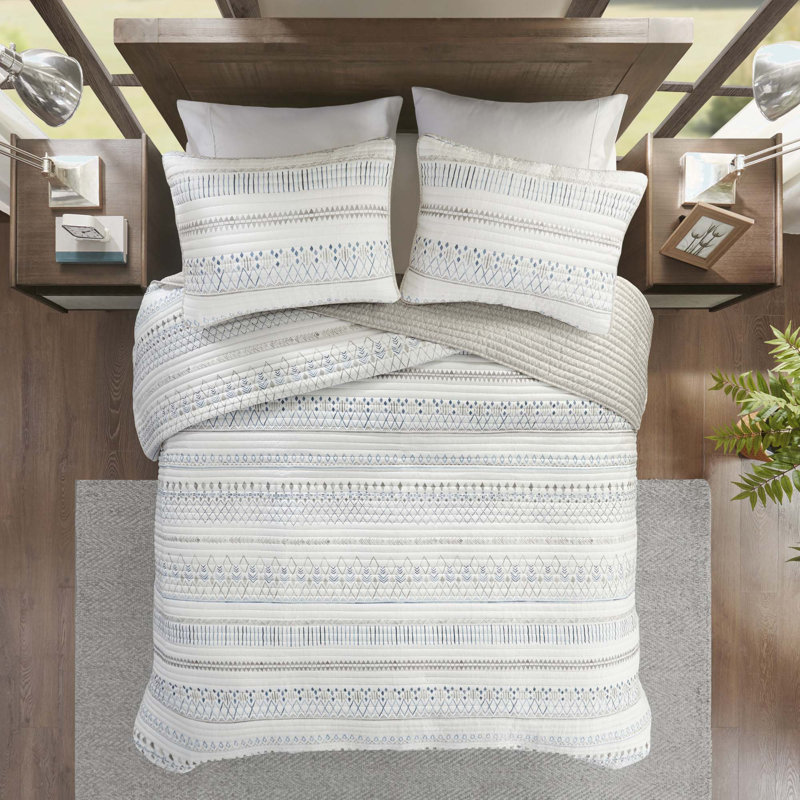 Ensemble de courtepointe en microfibre imprimé 3 pièces taupe / bleu très grand