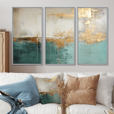 Minimalism Gold And Teal Horizon - Abstract Wall Decor Set