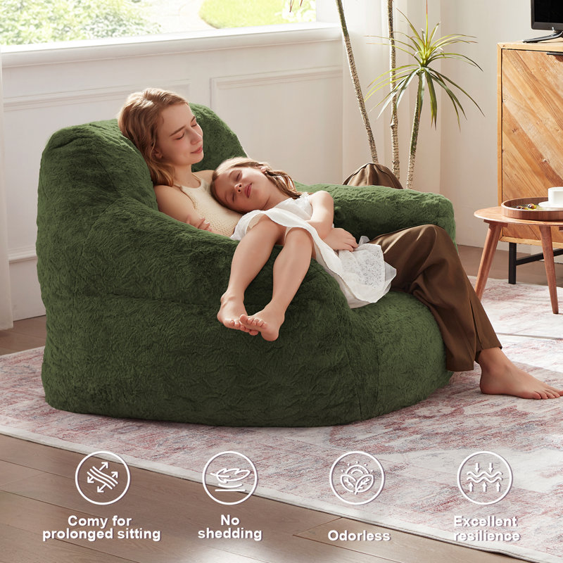 Oversize Compression Bean Bag Chairs For Adults With Pillow and Pocket ,Green, Green Faux Fur