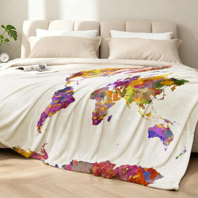 Jeté transparent en flanelle molletonnée ultra douce, impression de carte du monde aquarelle sur une face