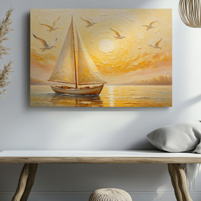 Sailboat Yellow Ocean Scene With Birds Nautical Coastal Decor Canvas Wall Art Print For Living Room, Bedroom, Office, Hallway, Entryway, Gallery Wall And Modern Home Decor