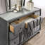 Commode 9 tiroirs en tissu avec accents capitonnés et bouton en acrylique, gris