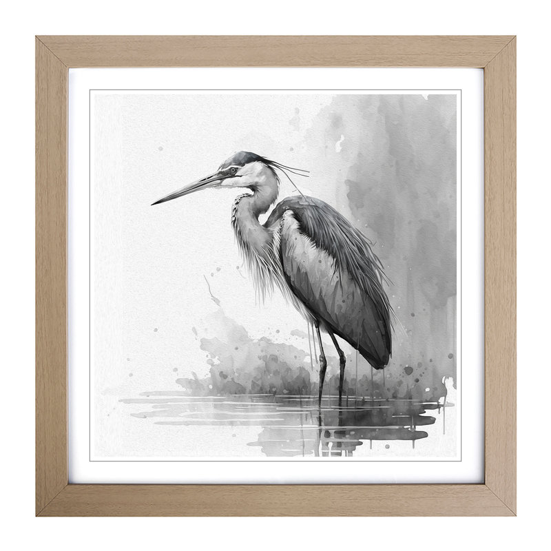 Heron Ink Wash - Framed Print, Oak