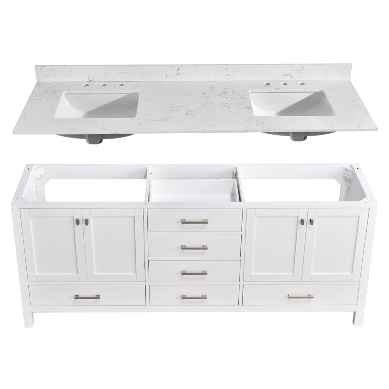 Meuble-lavabo 84 po avec double vasque Cholena, Blanc, Nickel brossé