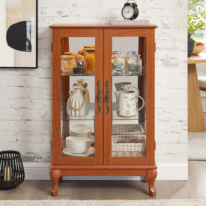 Vitrine 2 portes avec portes en verre trempé, vitrine avec panneau arrière en miroir, Chêne foncé