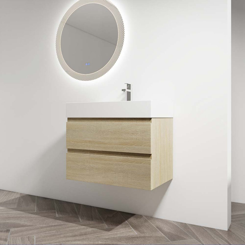 Meuble-lavabo mural 30 po avec lavabo en résine, 2 tiroirs à fermeture en douceur, Chêne clair