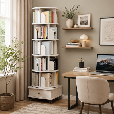 Bibliothèque rotative à 6 niveaux, bibliothèque rotative à 360 ° avec roulettes et tiroir, peu encombrante, petite bibliothèque rotative pour chambre à coucher, salon, maison, bureau