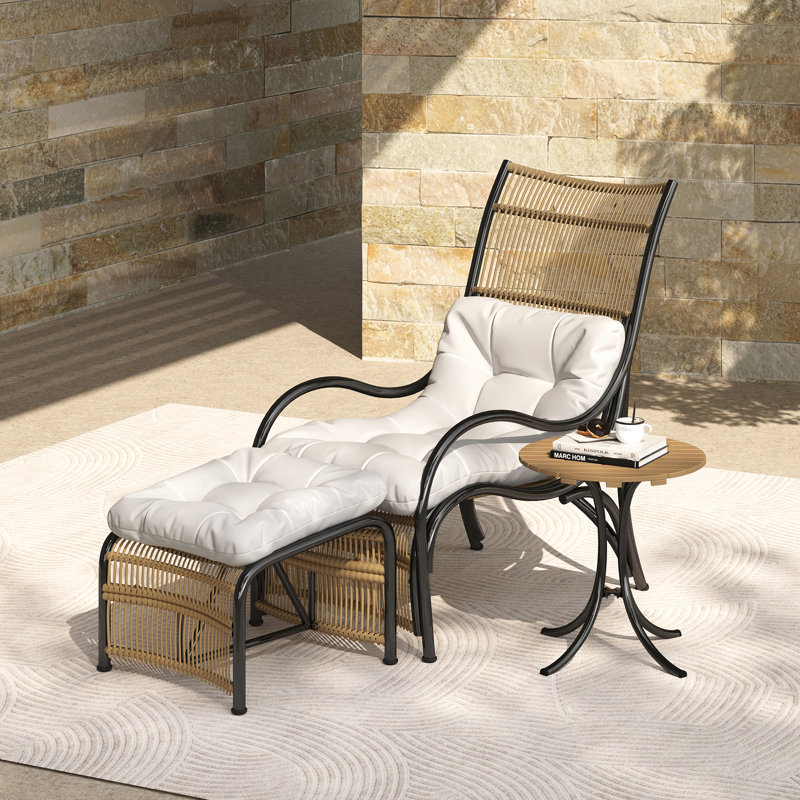 3 Pieces Wicker Outdoor Patio Furniture Set With Lounge Chair, Balcony Chairs Table Set With Cushions, Ottoman, Patio Conversation Sets For Garden ,Deck,And Porch