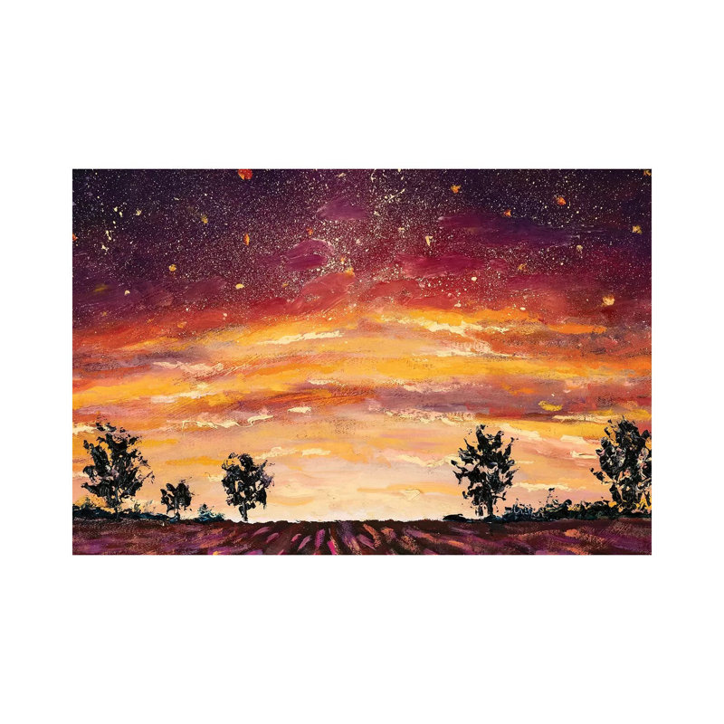 Impressionism Purple Lush Flowers At Sunset. Lavender Field, Warm Dawn - Wrapped Canvas Painting, 20.32 cm H x 30.48 cm W