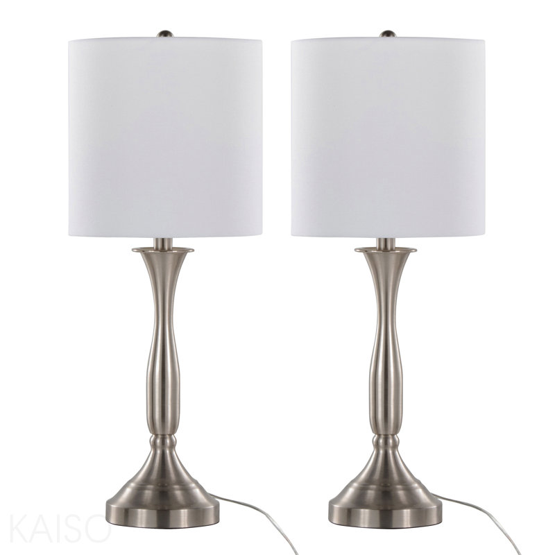 25" Contemporary Metal Table Lamp In Brushed Nickel With White Linen Shade And Built-In Usb Port From Grandview Gallery  - Set Of 2
