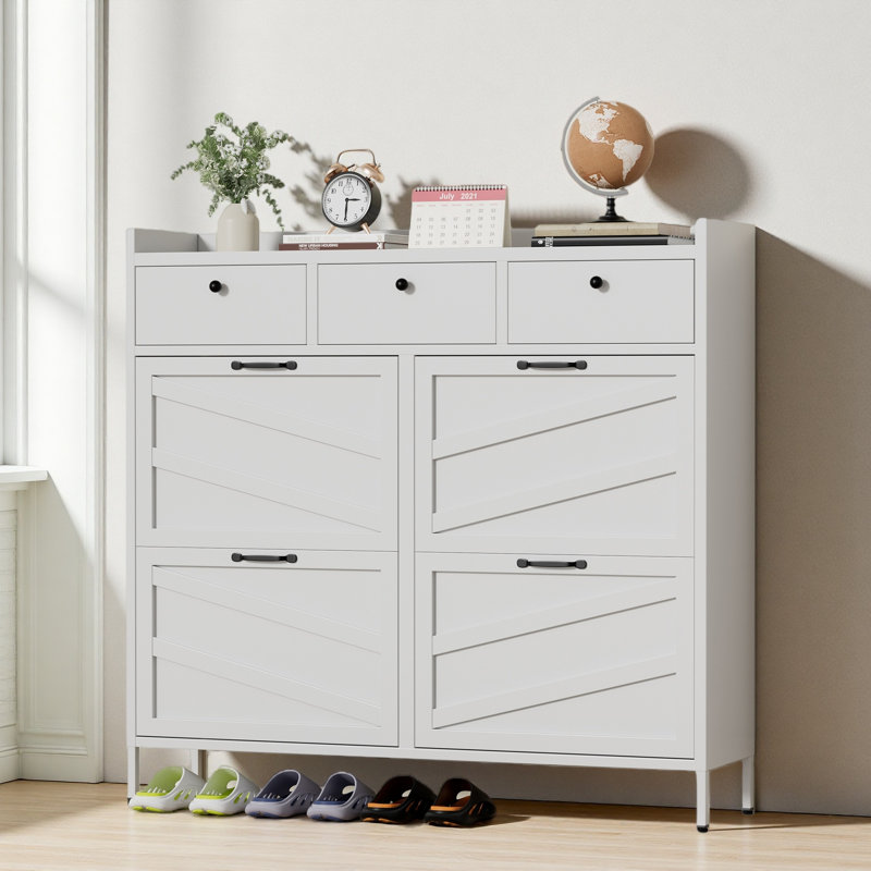 Metal Shoe Cabinet White - 4 Flip Drawers + 3 Drawers, Slim 11.8"D Freestanding Steel Shoe Organizer