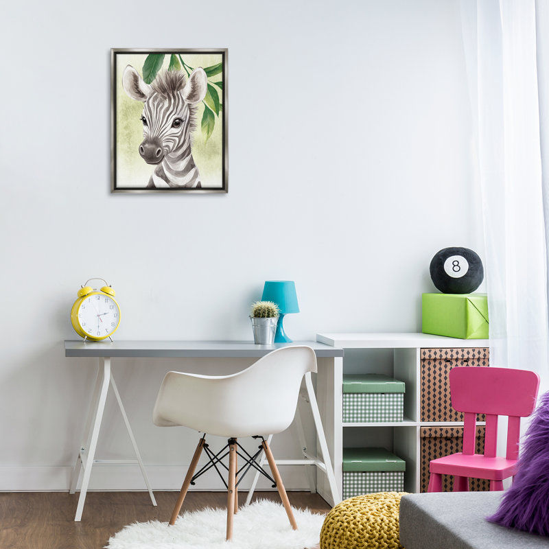 «Jungle Friends Baby Zebra Floater», art mural par Christine Simpson, Cadre flottant gris lustré, H 21 po x l 17 po