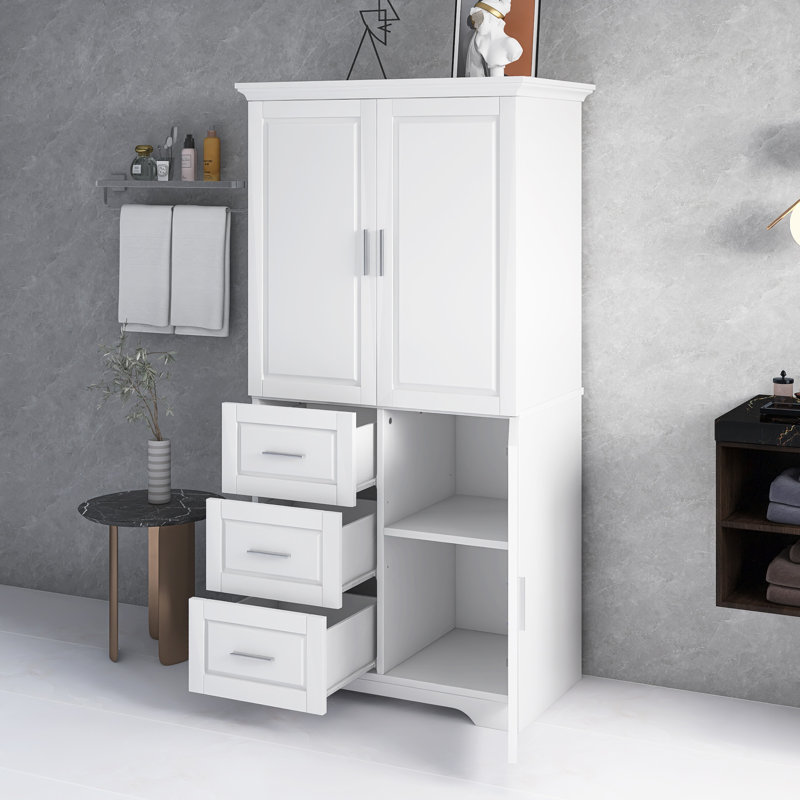 Tall And Wide Storage Cabinet With Doors And Drawers For Bathroom, Office, Living Room, White