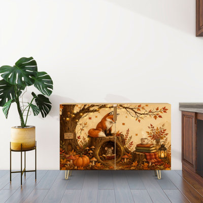 Buffet Buffet avec rangement fantaisiste Woodland Scène Fox Mouse Autumn Leaves avec 2 portes pour le salon et la cuisine
