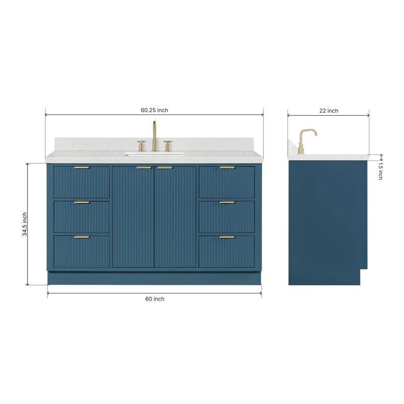 Meuble-lavabo simple en bois massif avec plateau en quartz de 1,5 po Haun Haun, Rectangulaire, 60", Vintage Blue