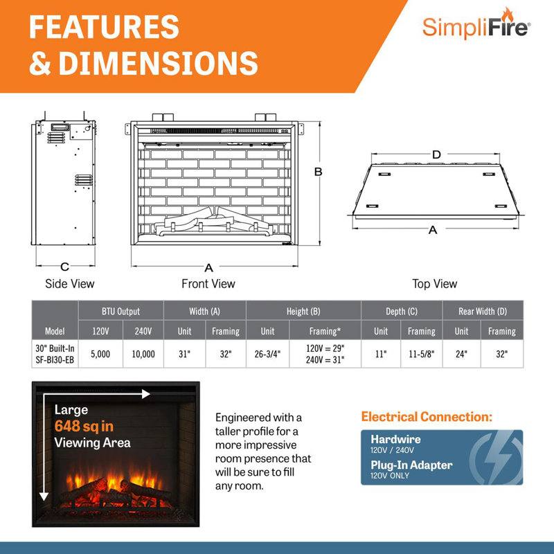 SimpliFire 30-in Built-In Electric Fireplace SF-BI30-EB
