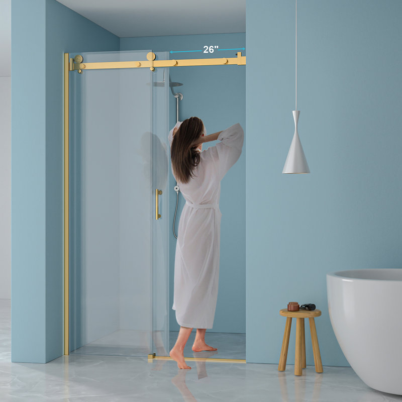 Porte de douche coulissante simple l 48 po x H 76 po - Verre trempé de 8 mm avec cadre en acier inoxydable 304, doré, Doré