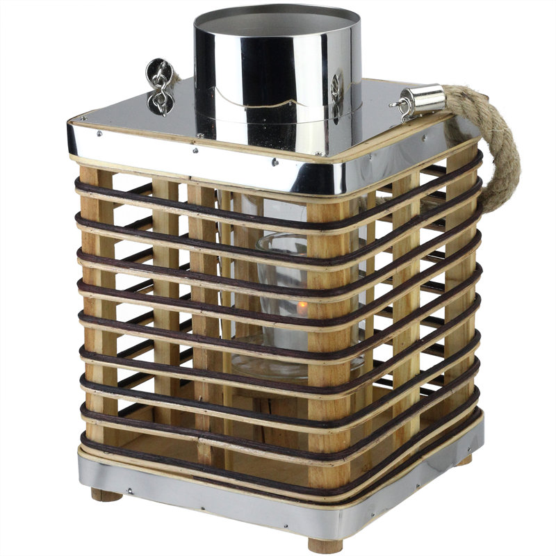 Rustic Chic Rectangular Rattan Candle Holder Lantern with Jute Handle, 11.25" H x 7.25" W x 7.25" D